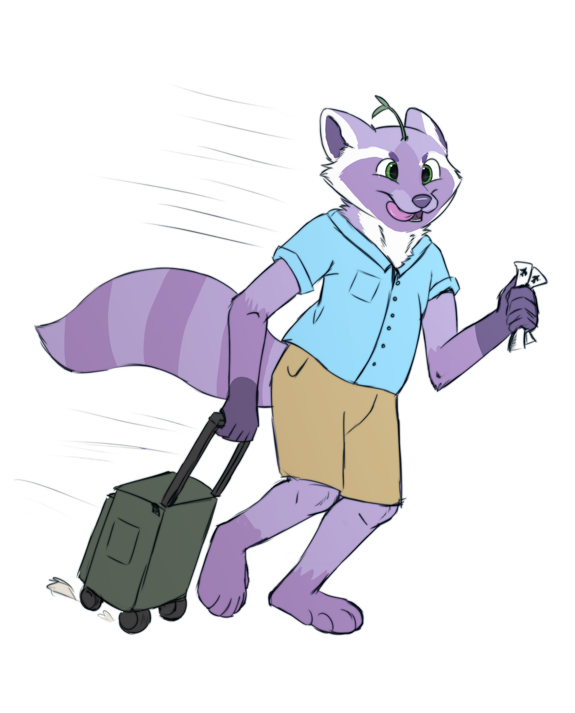 Eufuria's raccoon mascot running while holding plane tickets and pulling a suitcase