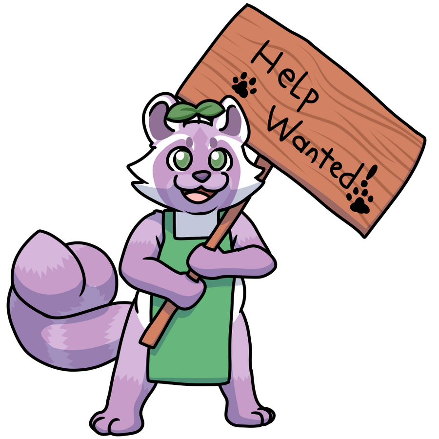 Joy the purple raccoon holding a "help wanted" sign