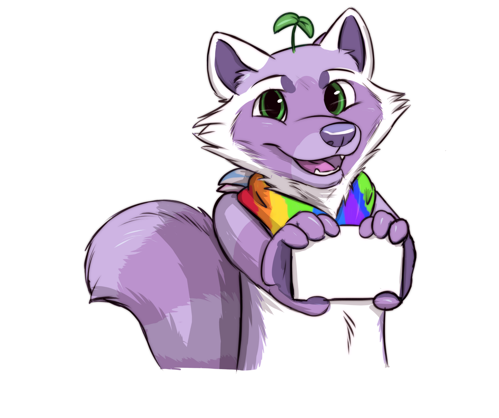 Joy the purple raccoon holding up a badge