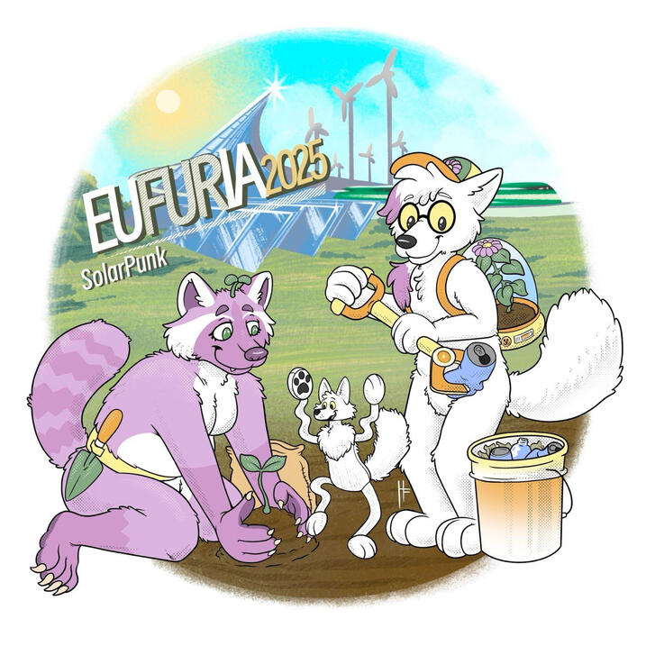 Art of Hearth and Joy, with Joy planting a small sprout and Wiggle Fox the puppet celebrating, Hearth picking up some recyclable garbage and carrying a plant in a backpack, and numerous renewable energy apparatus in the background